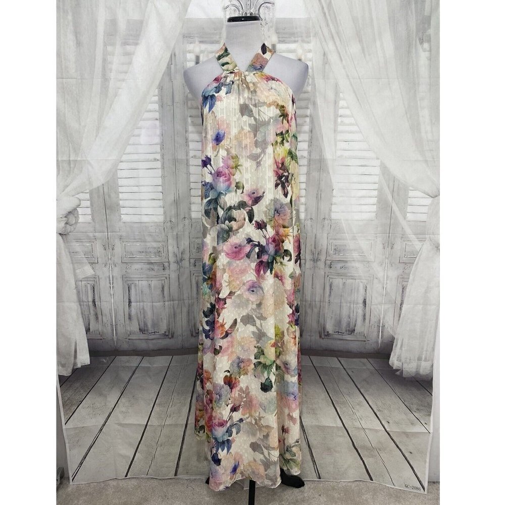 Alex Marie Ivory Pink Floral Long Maxi Sleeveless V Neck Halter Dress Easter NEW